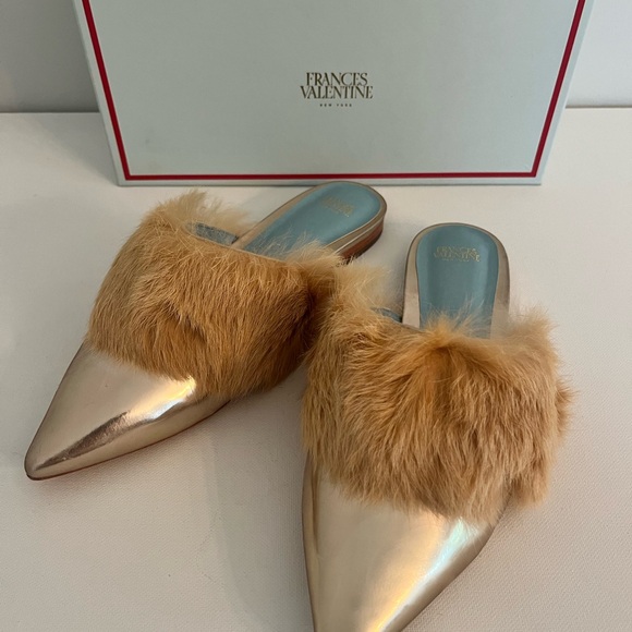 Frances Valentine Shoes - Frances Valentine Metallic Gold Leather with Fur Mules